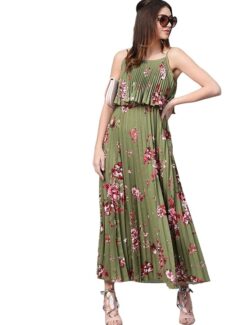 Women Floral Strappy Pleated Maxi Dress-small size