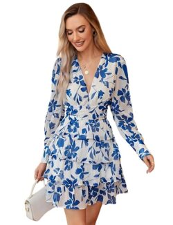 Women’s V-Neck Floral Print Ruffle Long Sleeve A-Line Mini Dress | Elegant Casual Party Outfit | Lightweight Layered Summer Wear-Medium Size